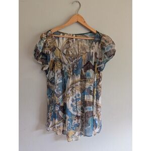 Y2K Olivia Moon 100% Silk Sheer Blouse Puff Sleeve Floral Paisley Flowy Retro